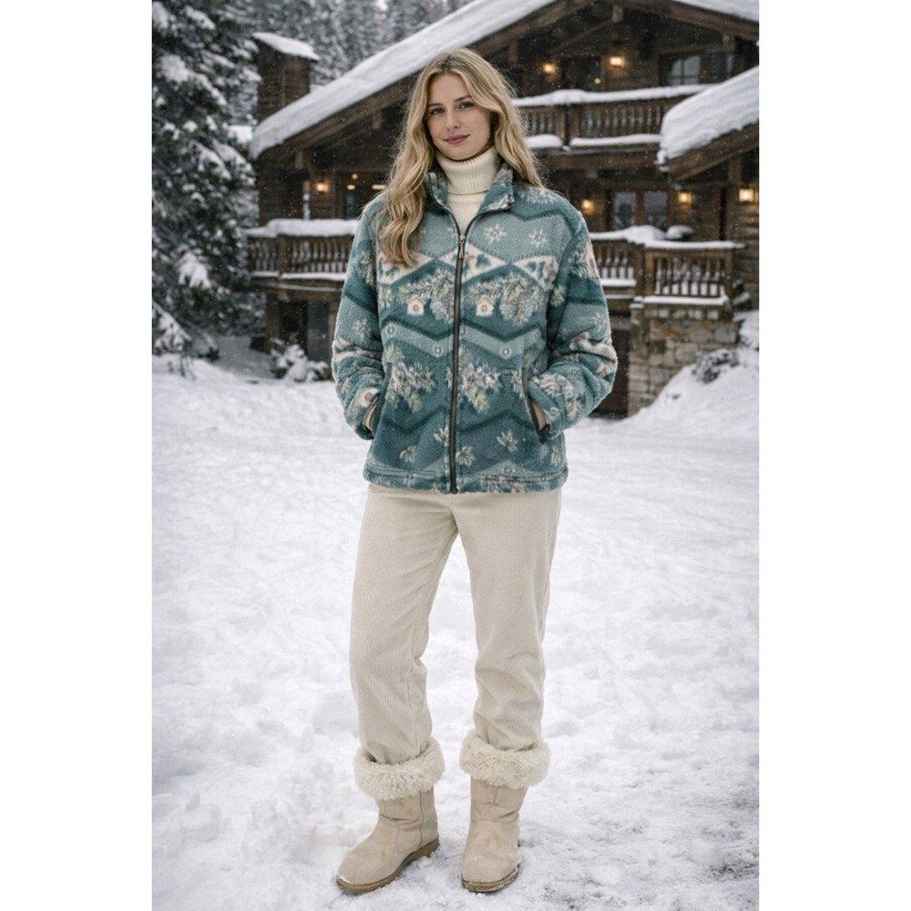 Teddi Sz PS Cabin Tree Birdhouse Print Full Zip Fleece‎ Sweater Sportswear 90s